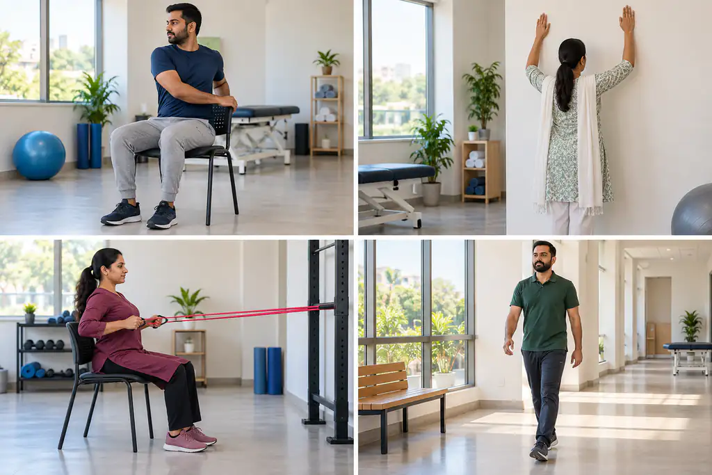 Four-panel collage of gentle thoracic rotation, wall movement, resistance exercise and walking