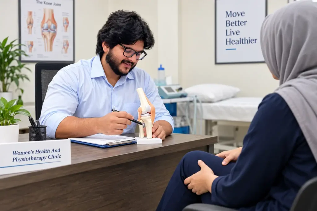 Patient discussing whether knee pain needs physiotherapy assessment at WHPT Pakistan